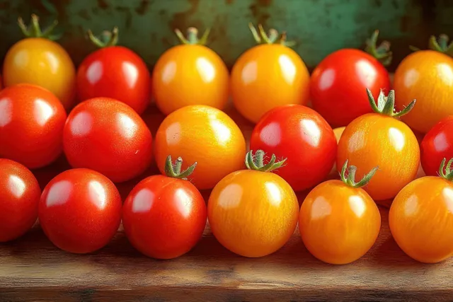 Red and yellow cherry tomatoes neatly arranged in rows on a wooden surface against a rustic green background.