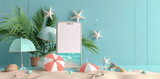 A white smartphone mockup rests on a beach-themed table beside sunglasses, a map, and a small starfish.