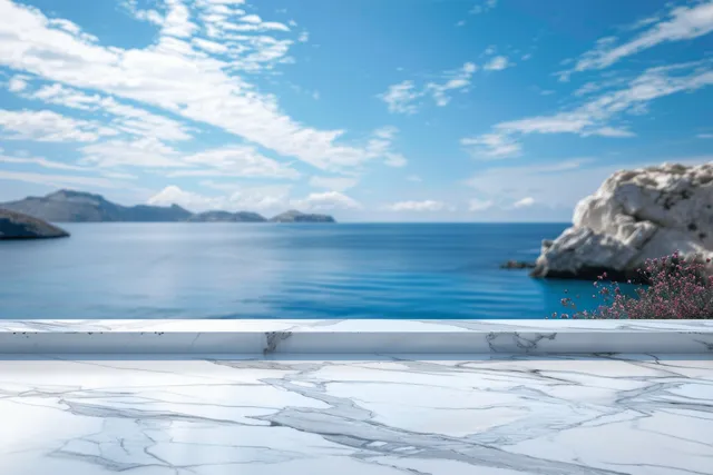 White marble tabletop in front of a blurred blue ocean, rocky Greek shoreline, and sky.