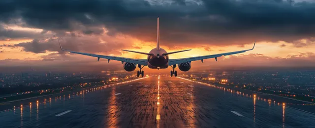 Airplane landing on runway at sunset with runway lights and glowing golden sky