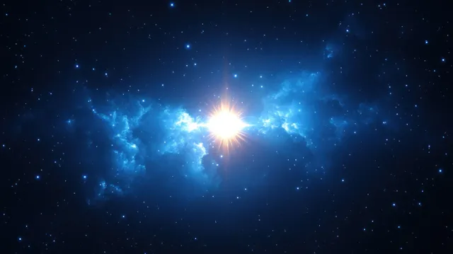 A bright central star shines through blue nebula clouds with many smaller stars scattered across deep space.