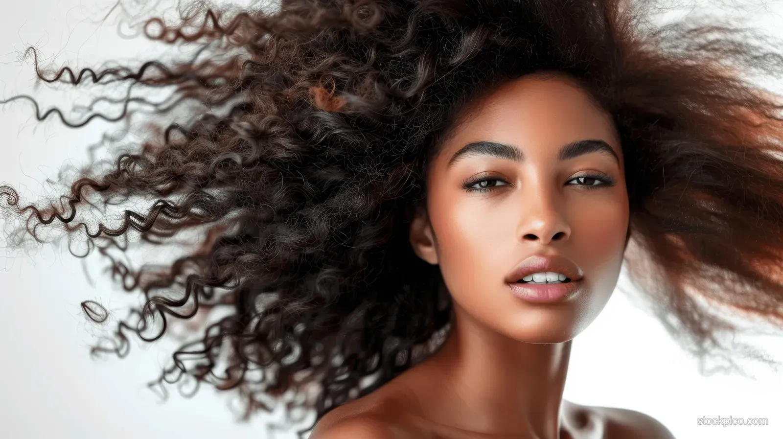 African American woman flips her curly afro hair during a studio portrait on a white background.