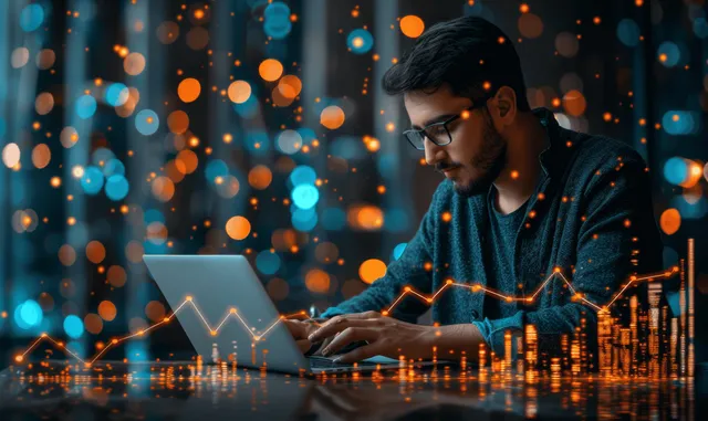 Focused investor analyzing real estate profits on a laptop at night
