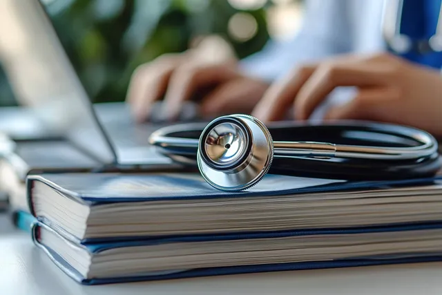 Shiny stethoscope on thick medical books while hands type on a laptop