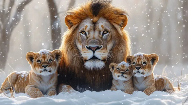 An adult lion and three cubs rest together in snowy woods as snow falls around them.
