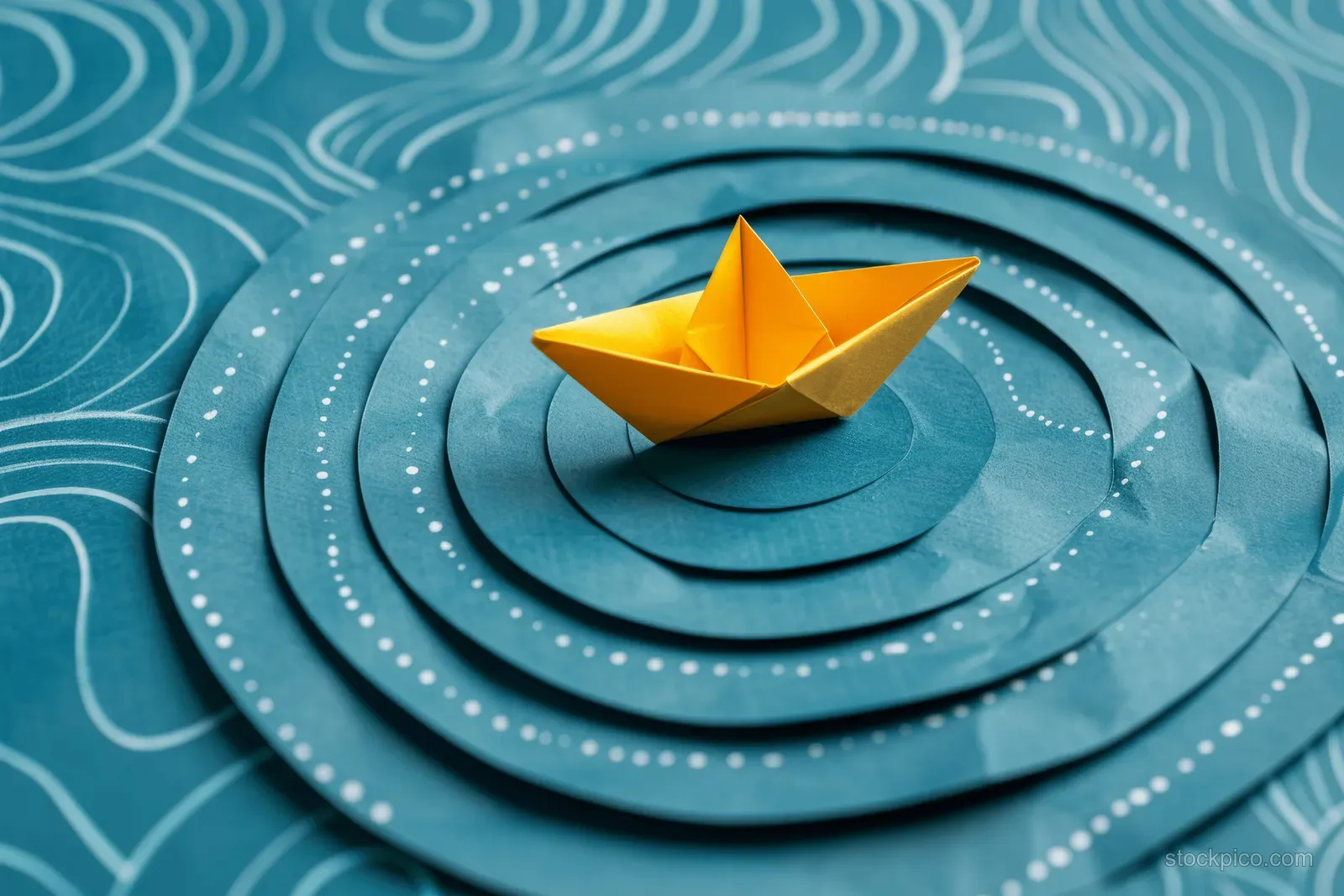 Yellow paper boat sits in a blue spiral labyrinth marked by dotted rings and curved line paths.