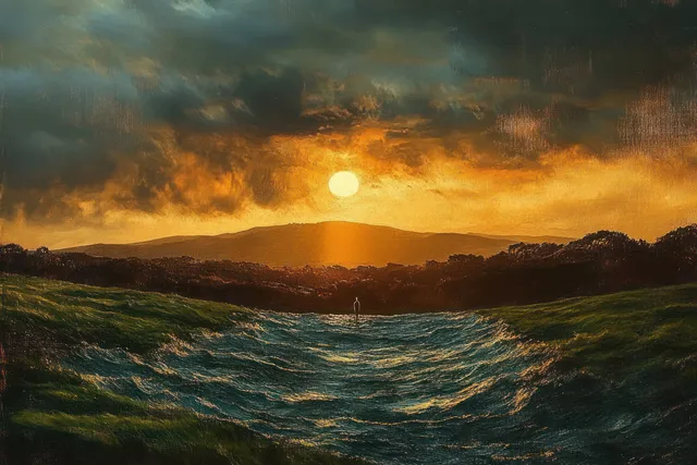 Sunset river with gentle ripples between grassy banks under dramatic cloud cover
