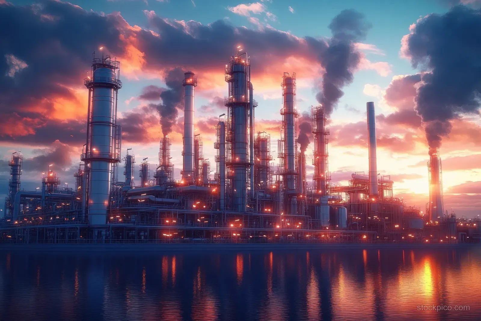 Neon-lit oil refinery towers with smokestacks and smoke reflected in water at a sunset.