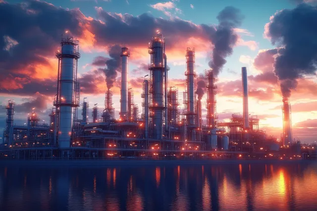 Neon-lit oil refinery towers with smokestacks and smoke reflected in water at a sunset.