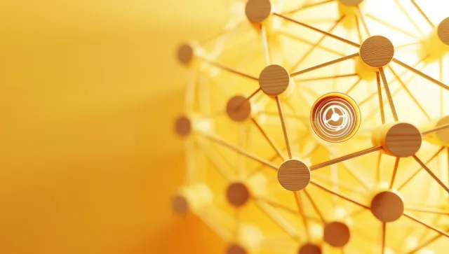 Abstract molecular network of glowing wooden spheres and rods on soft yellow background