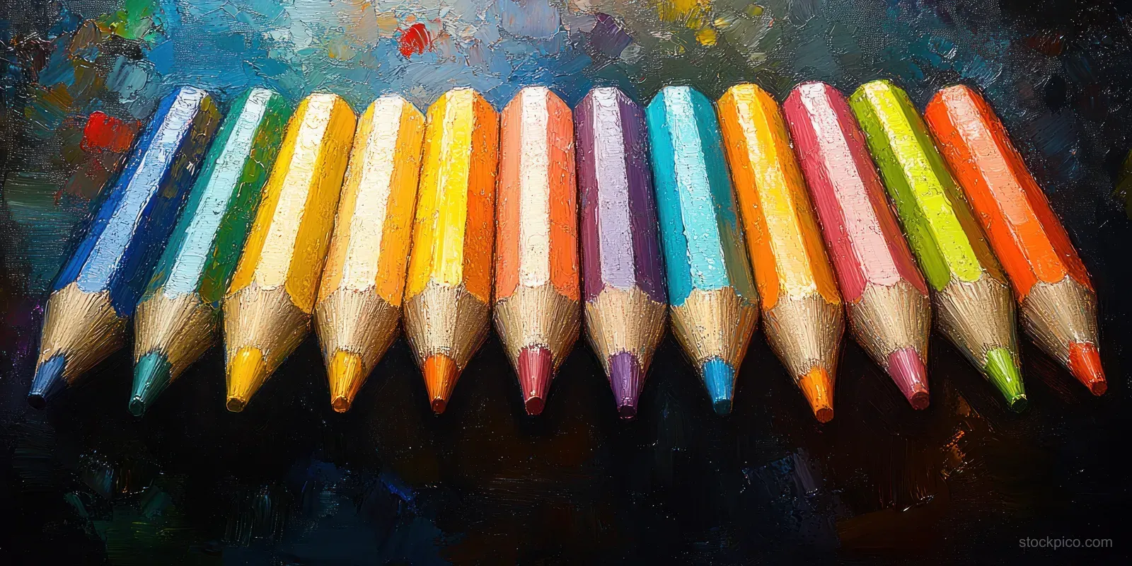 Color pencils are arranged in a straight line on a dark textured chalkboard surface.