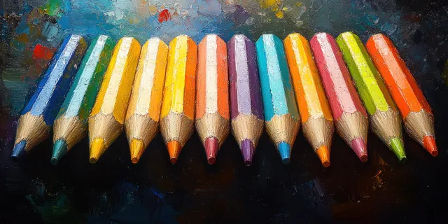 Color pencils are arranged in a straight line on a dark textured chalkboard surface.