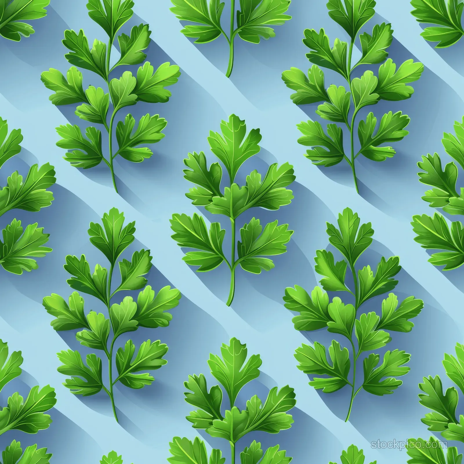 Green parsley leaves form a repeating pattern on a light blue background with diagonal shadows.