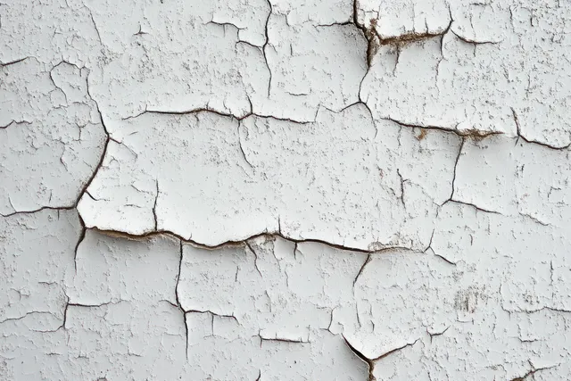 Cracked white paint peeling off a weathered gray wall with visible fissures and worn texture.