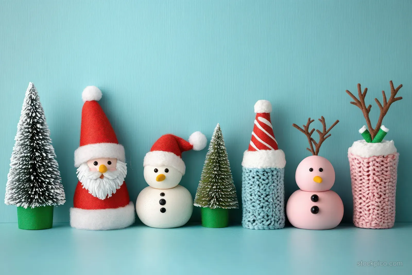 Santa, snowman, reindeer, and miniature Christmas trees made from paper crafts line up on a blue background.