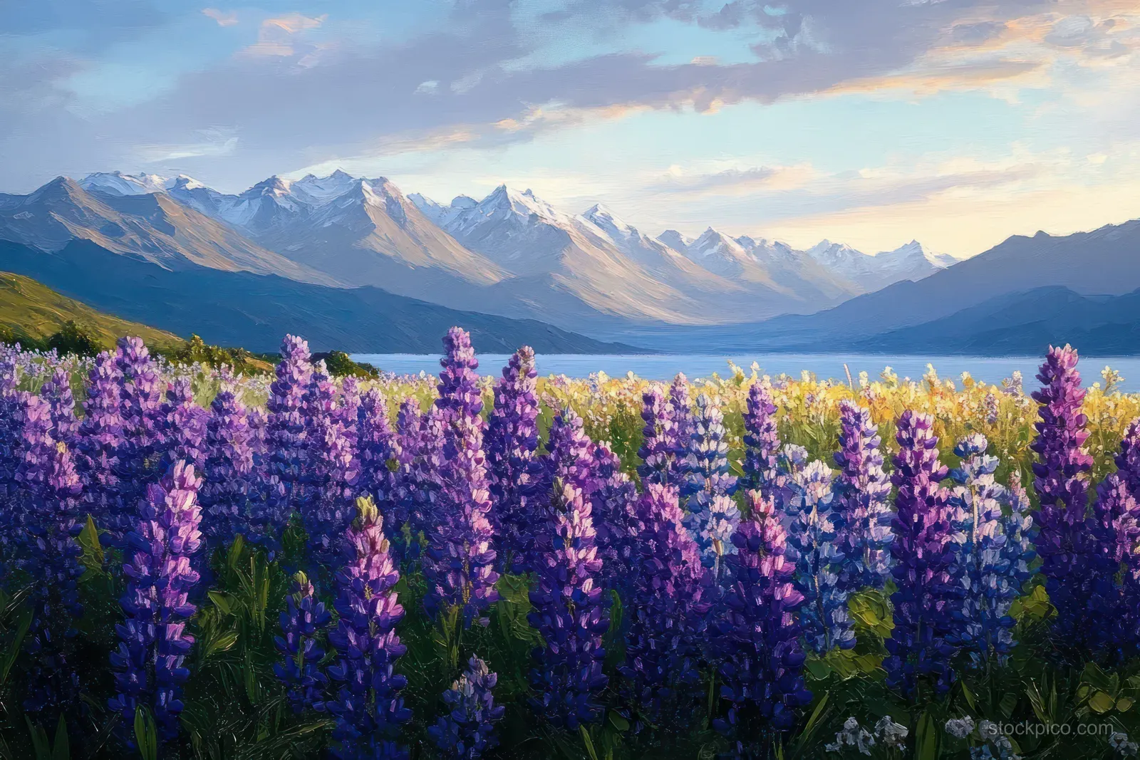 Purple and white lupine flowers fill a meadow with snow-capped mountains and a calm lake behind them at golden hour.
