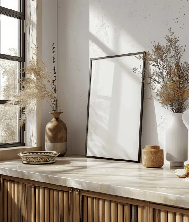 Empty black picture frame mockup stands on a neutral kitchen countertop with vases and candle under window sunlight.