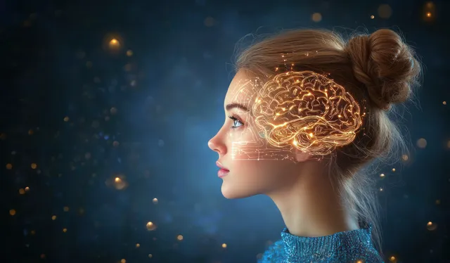 Side profile of a woman with a glowing digital brain overlay against a dark sparkling background.