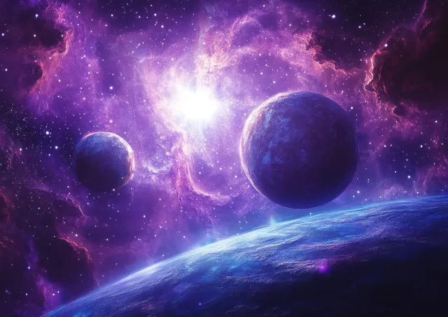 Glowing purple nebula with multiple planets and bright star burst in deep outer space with Galactic Scenery