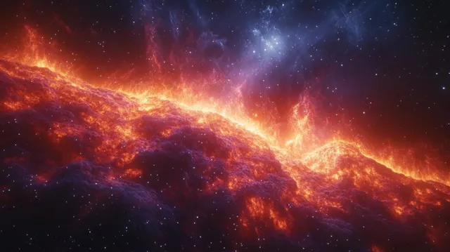 A glowing red and purple nebula stretches across a dark starry space background.