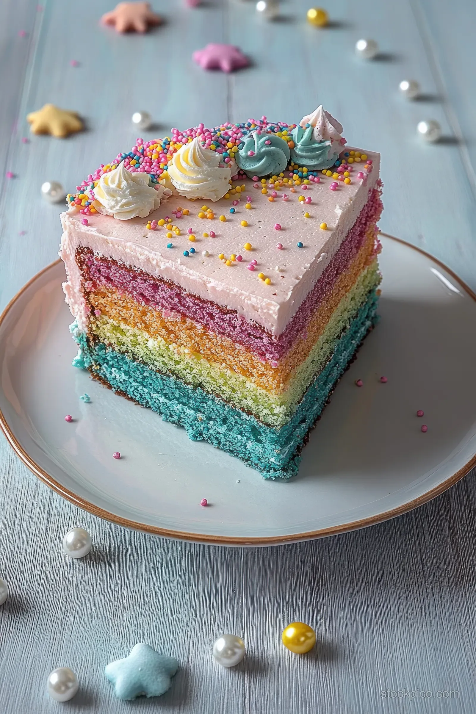 Rainbow layered cake slice with pink frosting and sprinkles on a white plate over a gray wooden surface.