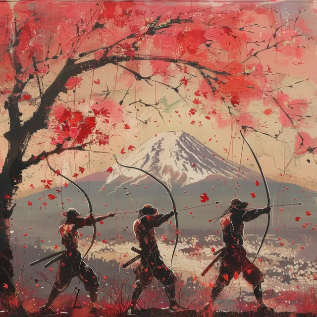 Three Japanese archers in silhouette mid-draw as cherry blossom petals and Mount Fuji appear behind them.