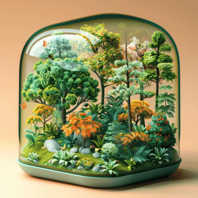 Isometric miniature forest with tiny trees inside a round glass terrarium on a warm background.