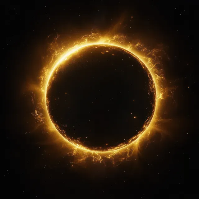 A dark eclipse circle is surrounded by a bright golden plasma ring glowing through starry space.