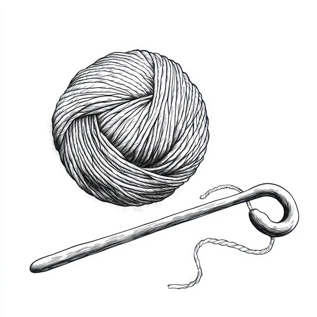 Black and white illustration of a yarn ball and crochet hook with loose thread on a white background.