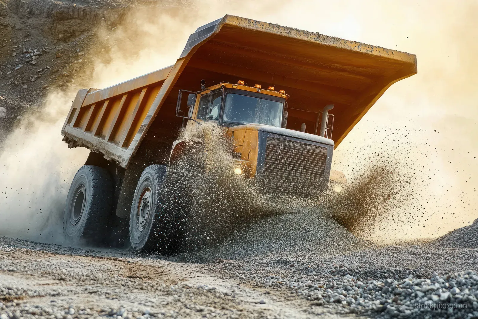 Orange dump truck unloading gravel with dust and rocks splashing from a raised bed on a dusty construction site.