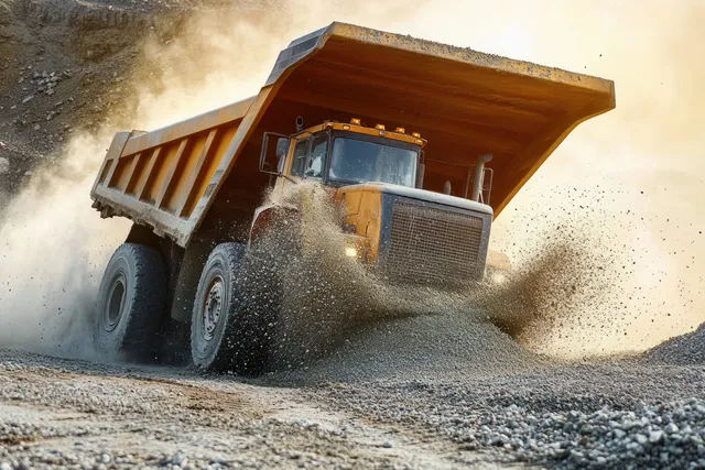 Orange dump truck unloading gravel with dust and rocks splashing from a raised bed on a dusty construction site.