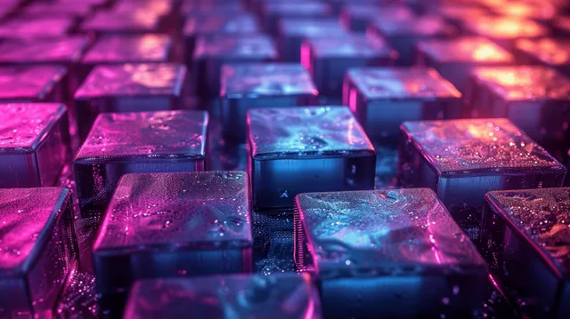 Abstract blue and purple glass blocks stacked with dramatic lighting and deep shadows