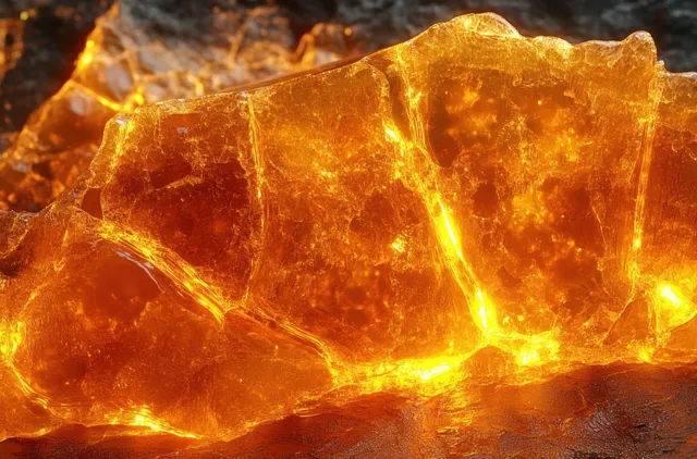 Glowing translucent amber crystal slab with crack lines and golden light on a dark rough stone surface.