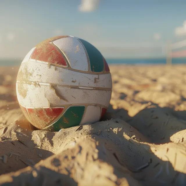 A beach volleyball with Italian flag colors rests in sand near the sea under bright sunlight.