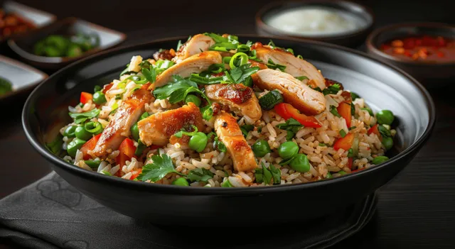 Black bowl of chicken fried rice with vegetables on dark table
