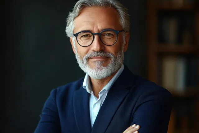 Mature man with gray beard and glasses smiling gently in a navy blazer