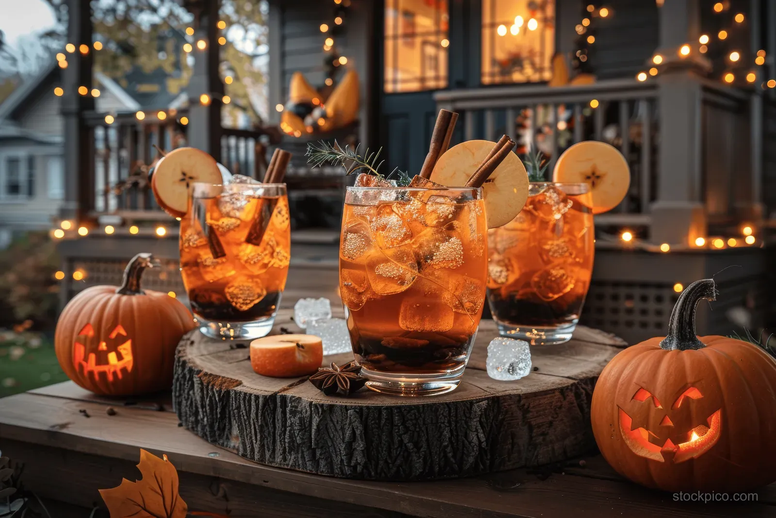 Three apple pie cocktails with cinnamon sticks and thyme sit beside glowing carved pumpkins.