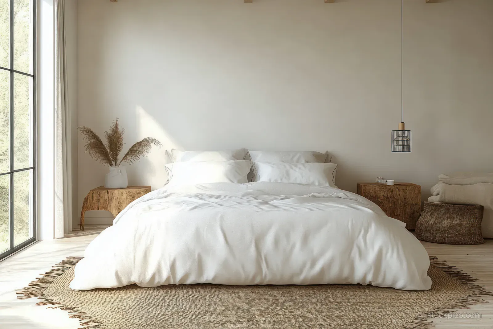 White bed with fluffy pillows in a Scandinavian bedroom, warm wooden accents, and beige rug under daylight from a window.