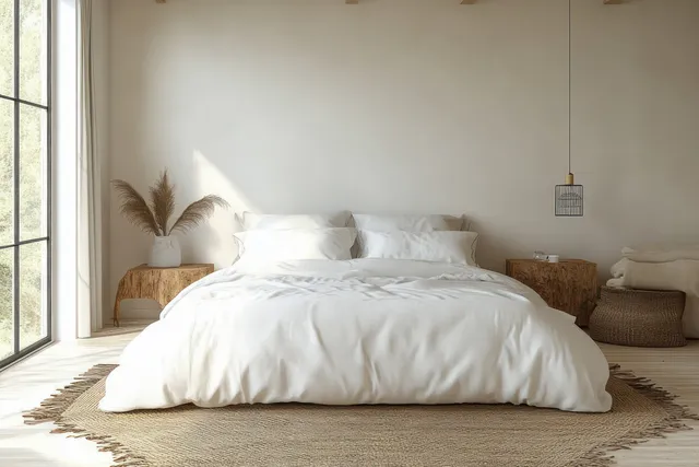 White bed with fluffy pillows in a Scandinavian bedroom, warm wooden accents, and beige rug under daylight from a window.