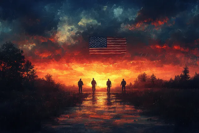 Silhouetted fighter jets fly above a bright sunset sky with an American flag hanging over water reflections.