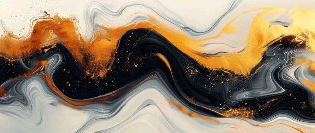 Black ink and gold marbling waves swirling over a pale beige background