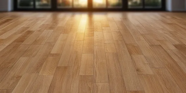 Light oak wooden floor with warm directional sunlight across planks and visible grain texture