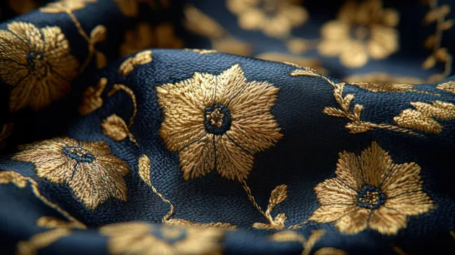 Intricate gold-and-blue embroidery with floral motifs on royal fabric portrait background