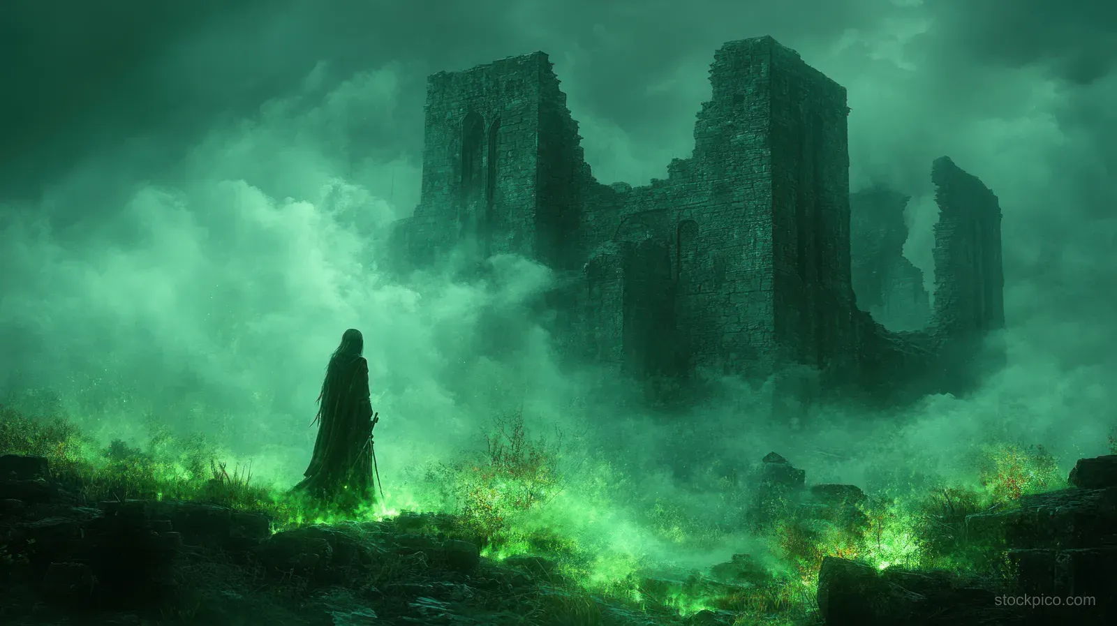 A hooded warrior stands in ancient ruins with glowing green foliage and thick mist filling the background.