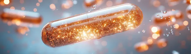 Transparent capsule filled with glowing golden particles floating in soft blue and orange light.