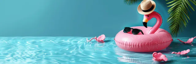 Pink flamingo inflatable float with straw hat and sunglasses floating on turquoise pool water beside palm leaves.
