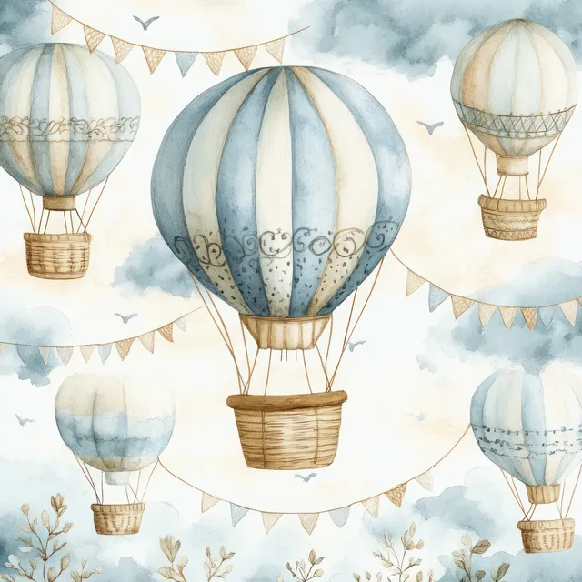 Watercolor hot air balloon pattern floating across pastel clouds with kites and stars with Sky And Cloud Motifs
