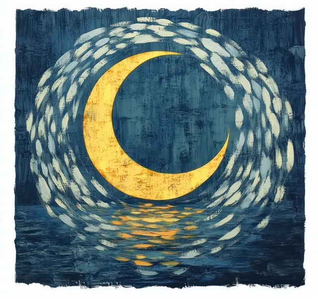 Yellow crescent moon surrounded by swirling fish forming a ring over dark blue water with glowing moonlight reflections.