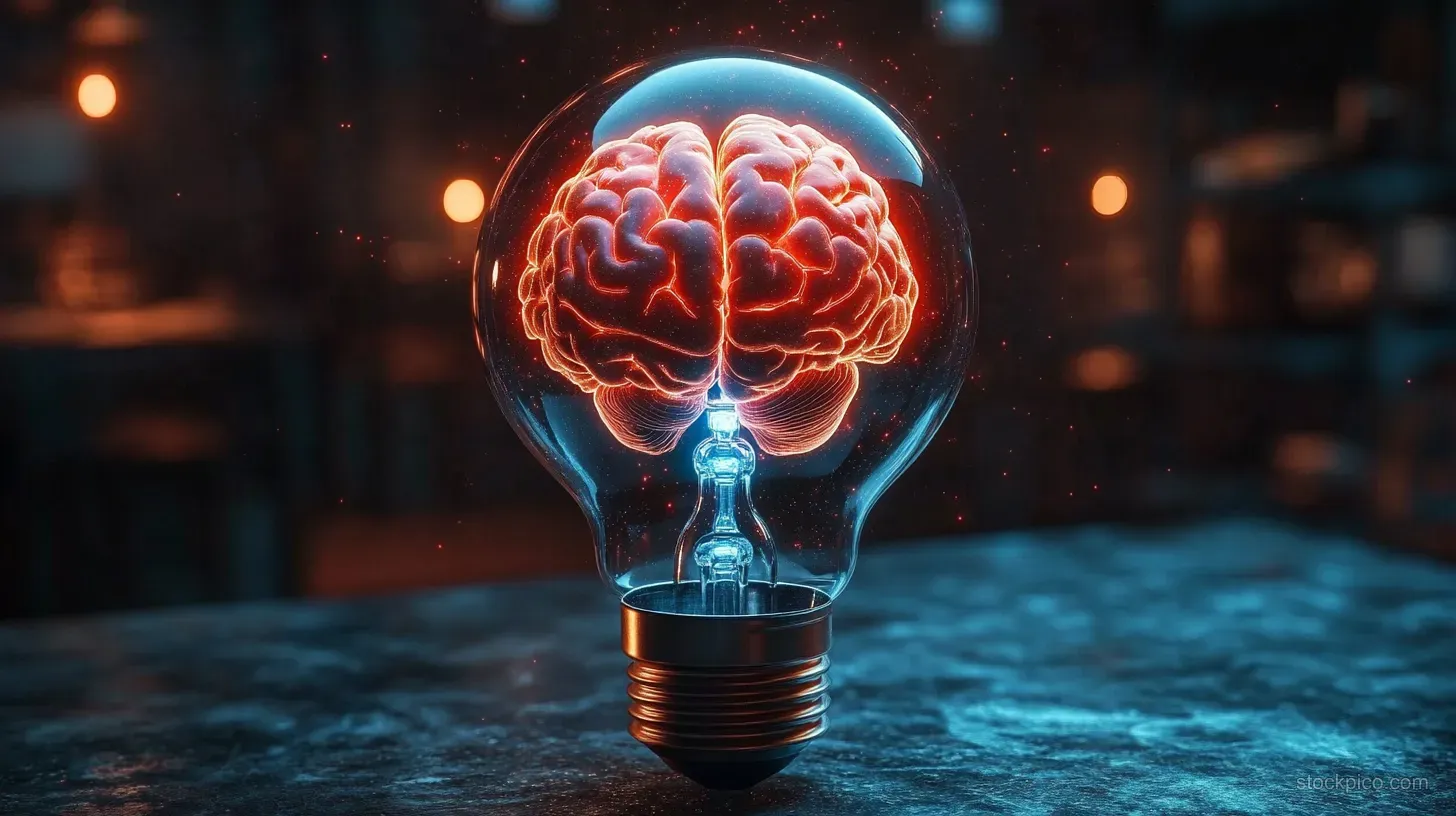 An orange glowing brain is suspended inside a transparent light bulb with warm bokeh lights in the background.