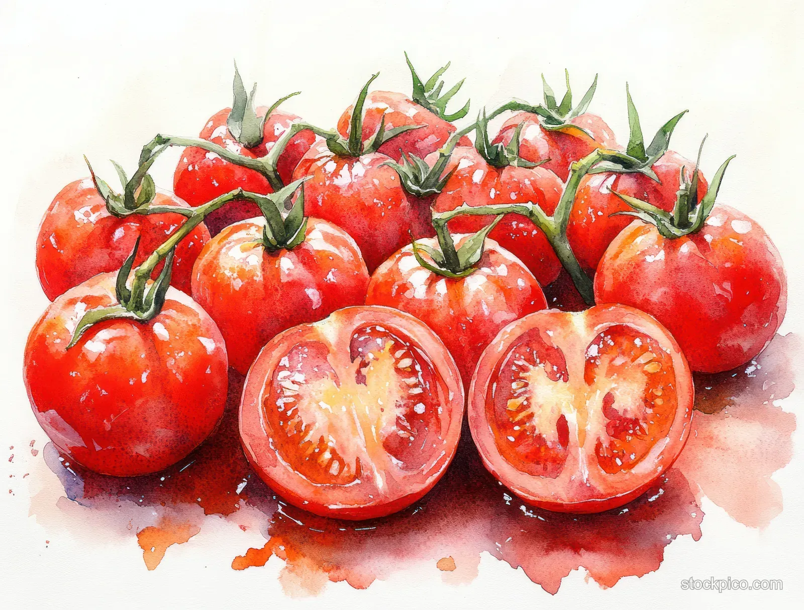 Watercolor illustration of ripe red tomatoes clustered together with two visible sliced halves.